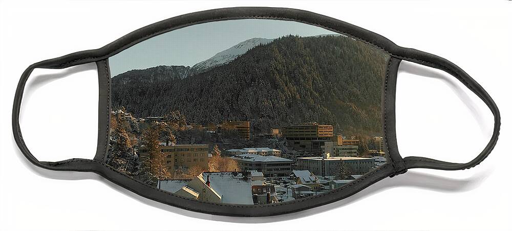 #juneau #alaska #ak #winter #cold #capitalcity #snow #postcard #downtownjuneau #vacation #morning #dawn Face Mask featuring the photograph Postcard Capital by Charles Vice