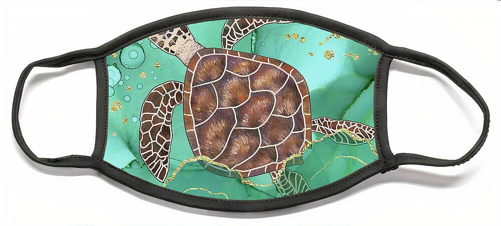 Hawksbill Turtle Face Mask featuring the digital art Precious Hawksbill Turtle Swimming in Emerald Water by Andreea Dumez
