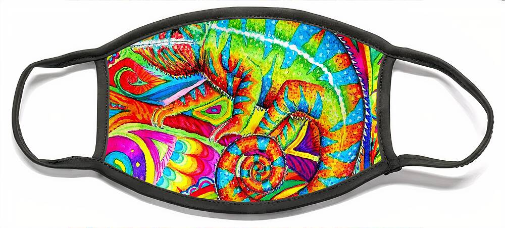Chameleon Face Mask featuring the drawing Psychedelizard - Psychedelic Rainbow Chameleon by Rebecca Wang