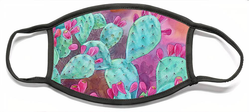 Opuntia Face Mask featuring the painting Psychodelic Opuntia by Espero Art