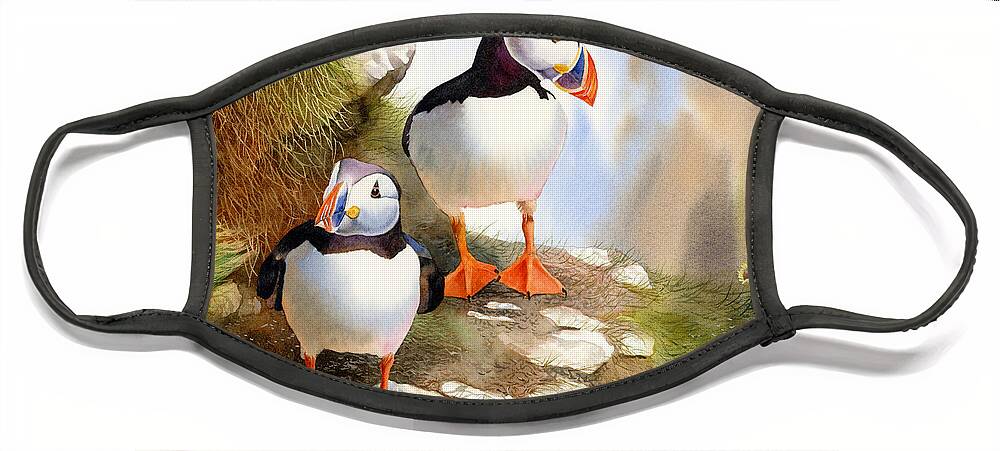 Puffins Face Mask featuring the painting Puffins by Espero Art