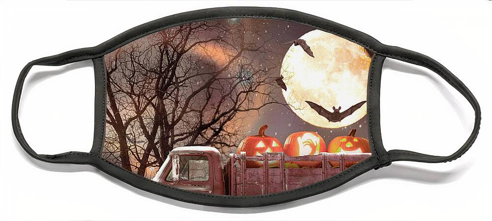 Truck Face Mask featuring the photograph Pumpkins under the Halloween Country Moon by Debra and Dave Vanderlaan