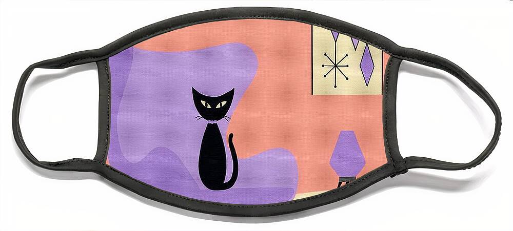 Mid Century Modern Black Cat Face Mask featuring the mixed media Purple Egg Chair with Diamonds by Donna Mibus