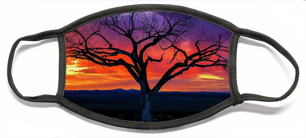 Taos Face Mask featuring the photograph Purple Sunset with the Taos Tree by Elijah Rael