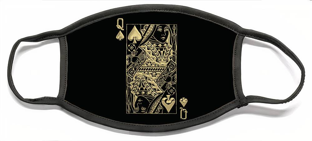 'gamble' Collection By Serge Averbukh Face Mask featuring the digital art Queen of Spades in Gold on Black  by Serge Averbukh