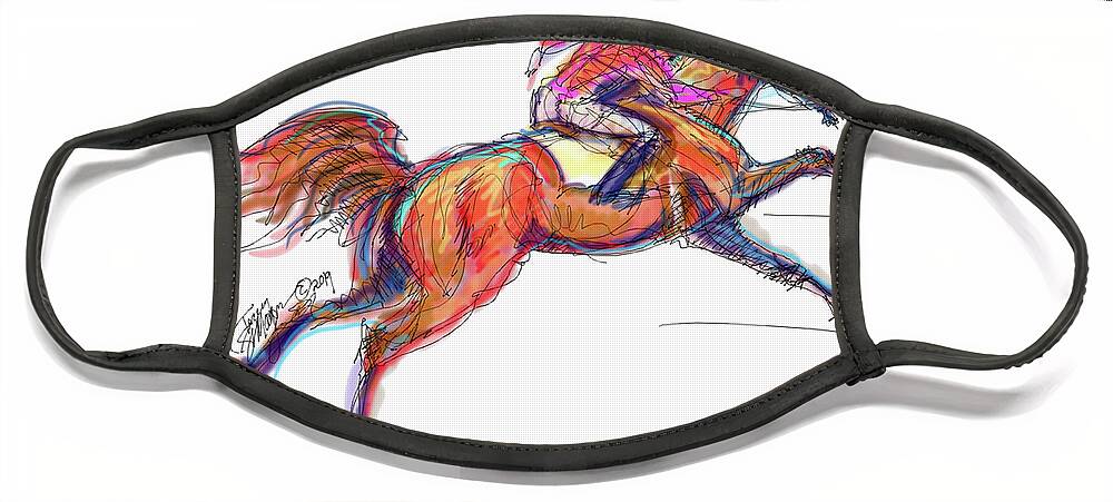 Thoroughbreds; Racehorses; Racing; Horse Race; Jockey; Degas; Contemporary Art; Contemporary Equine Art; Modern Equine Art; Equine Art Cards; Equine Art Gifts; Racehorse Gifts; Race Horse Mugs Face Mask featuring the digital art Race Horse for Julie June Stewart by Stacey Mayer