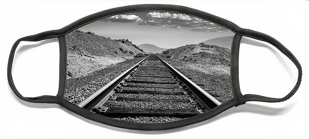 Gold Hill Face Mask featuring the photograph Rail to Infinity Black and White by Ron Long Ltd Photography