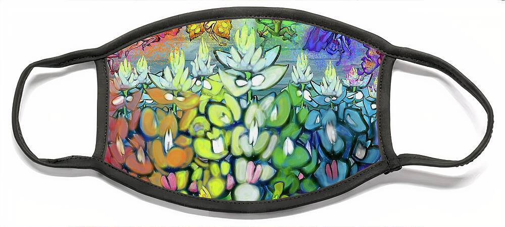 Rainbow Face Mask featuring the digital art Rainbow Bluebonnets Scene w Pixies by Kevin Middleton