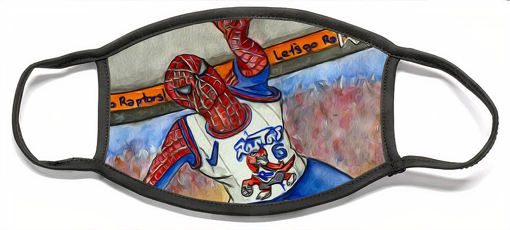 Spiderman Face Mask featuring the mixed media Raptors Basketball with Spiderman by Kelly Mills