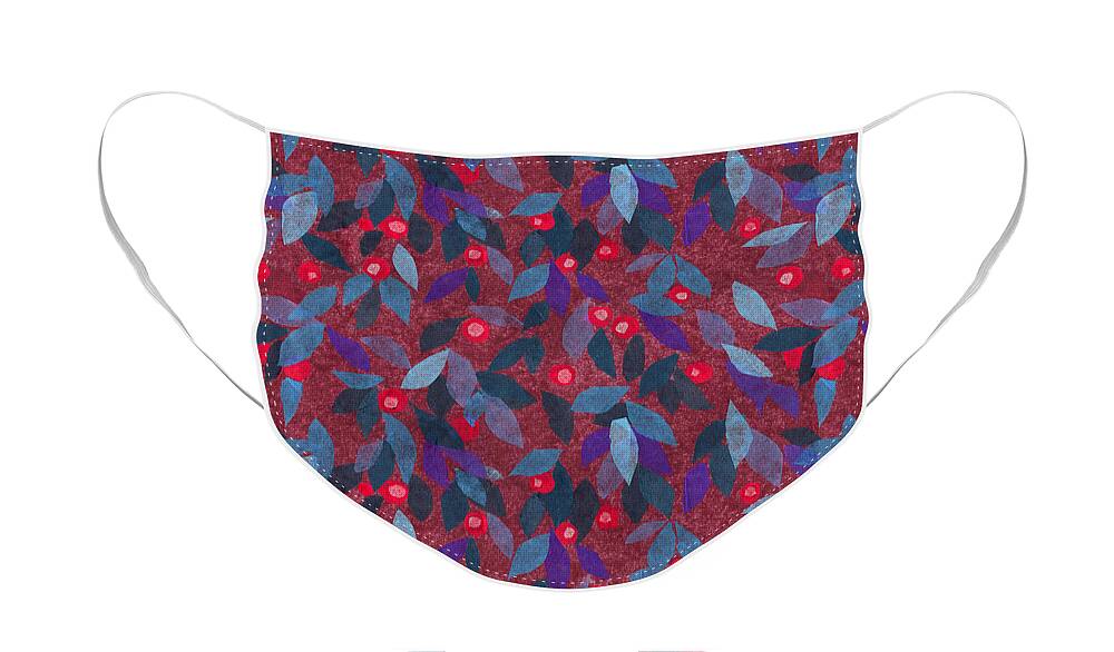 Handmade Texture Face Mask featuring the digital art Red Berries Blue Leaves Floral Pattern by Julia Khoroshikh