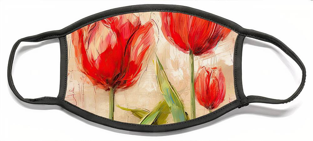 Red Tulips Face Mask featuring the painting Red Enigma- Red Tulips Paintings by Lourry Legarde