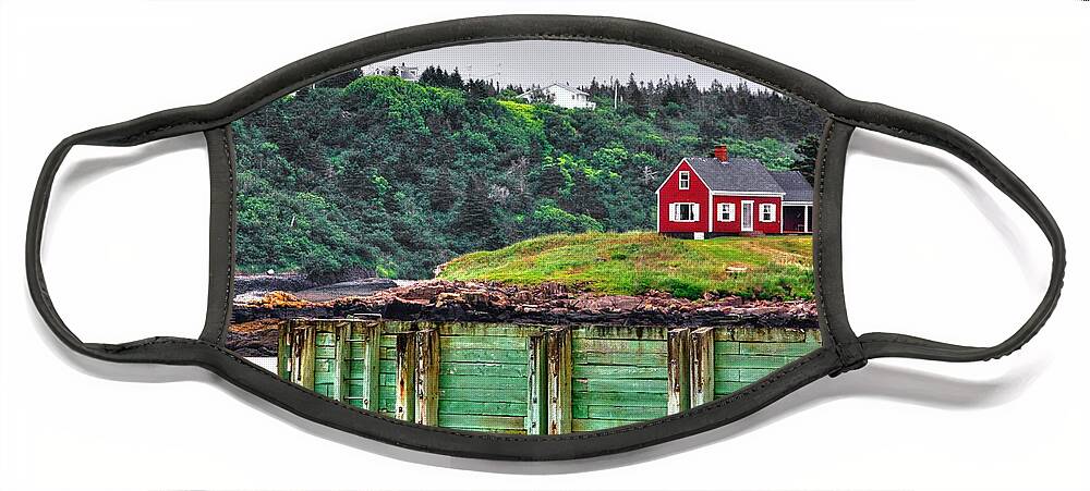 Red House On The Cliff Tiverton Nova Scotia Sea Ocean Bay Of Fundy St Margaret’s Bay Sea Shore Hills Flags Tiverton Nova Scotia Face Mask featuring the photograph Red House on Cliff by David Matthews