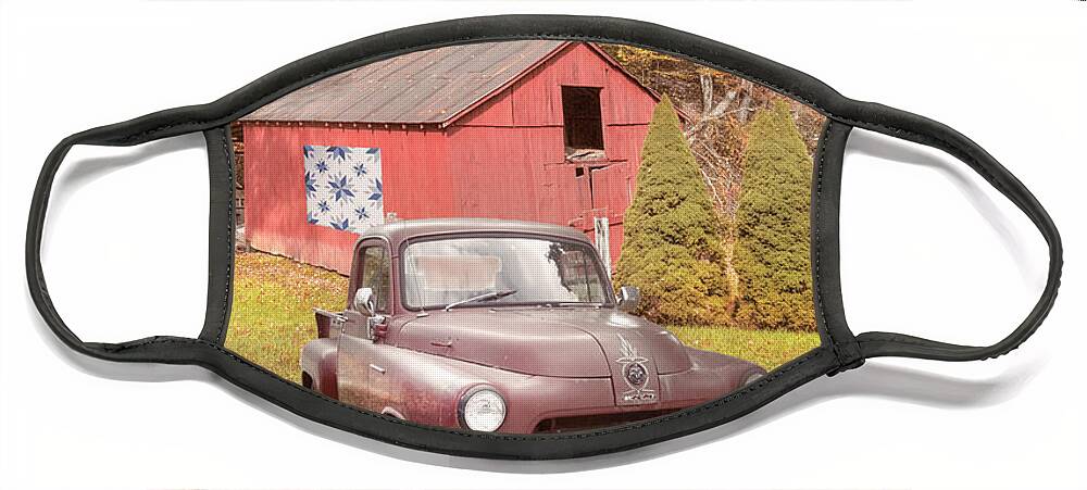 Truck Face Mask featuring the photograph Red Quilt Farmhouse Barn and Truck along the Creeper Trail Damas by Debra and Dave Vanderlaan