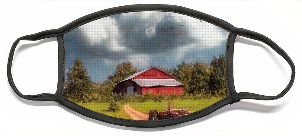 Barn Face Mask featuring the photograph Red Tractor on the Farm Trail Painting by Debra and Dave Vanderlaan