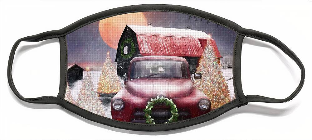 Truck Face Mask featuring the photograph Red Truck Under the Christmas Moon Painting by Debra and Dave Vanderlaan