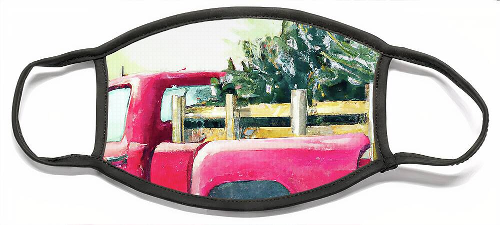 Red Truck Face Mask featuring the digital art Red Truck with Christmas Tree by Alison Frank