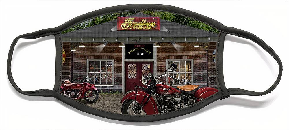 Indian Motorcycles Face Mask featuring the photograph Reds Motorcycle Shop C by Mike McGlothlen