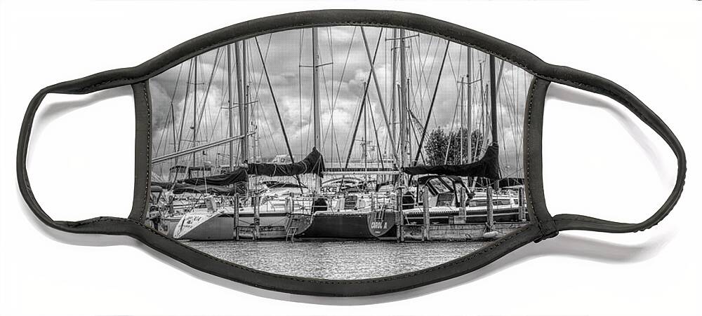 Boats Face Mask featuring the photograph Reflections and Boats at the Harbor in Black and White by Debra and Dave Vanderlaan
