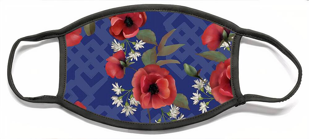 Poppies Face Mask featuring the digital art Remembrance Blue Floral by Sand And Chi