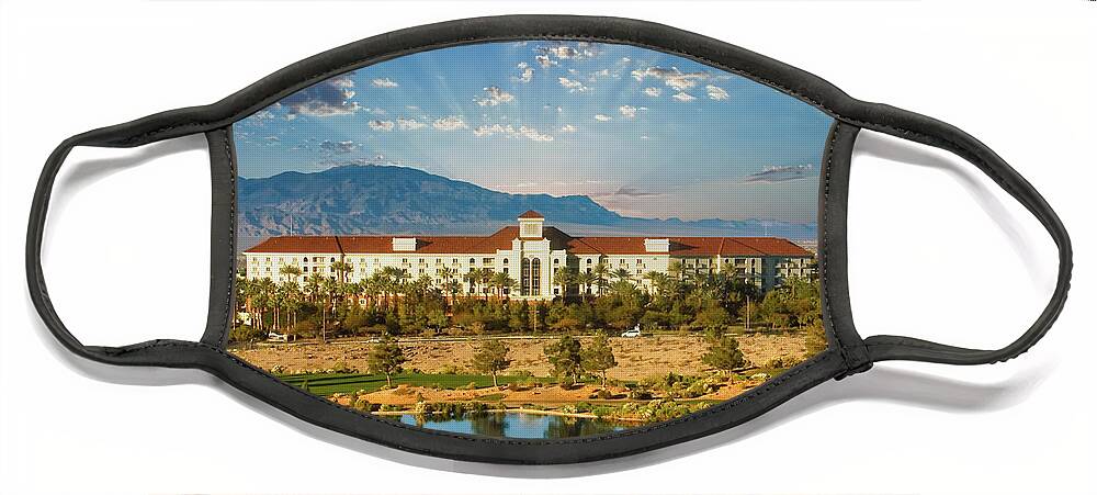 Vegas Face Mask featuring the photograph Resort Hotel Between Lake and Mountains by Darryl Brooks