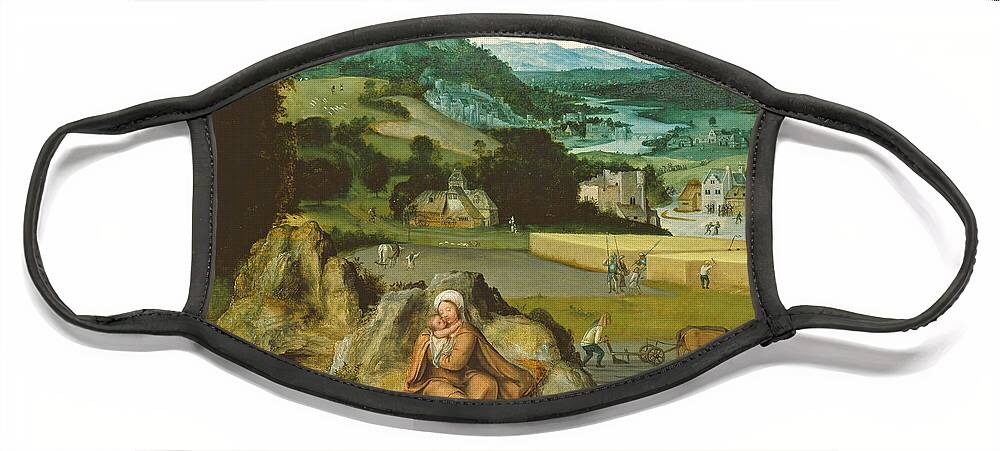 Joachim Patinir Face Mask featuring the painting Rest on the Flight into Egypt and the Miraculous Field of Wheat by Joachim Patinir