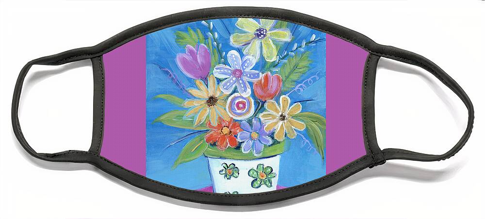 Retro Flowers Face Mask featuring the painting Retro Flowers I by Marilyn Dunlap