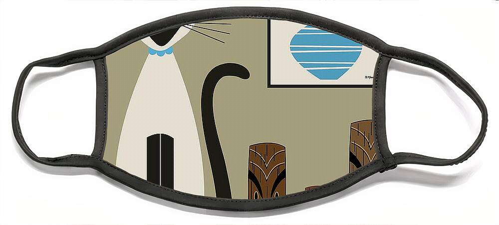Mid Century Cat Face Mask featuring the digital art Retro Siamese with Tikis by Donna Mibus