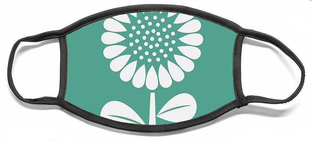 Mid Century Flower Face Mask featuring the digital art Retro Single Flower Teal by Donna Mibus