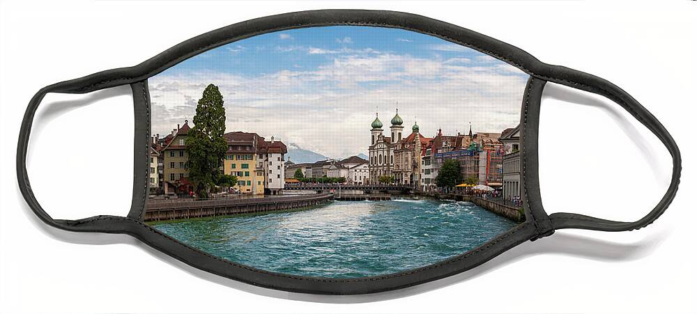 The Kapellbrücke Face Mask featuring the photograph Reuss River and Old town Lucerne Switzerland panorama by Dejan Jovanovic