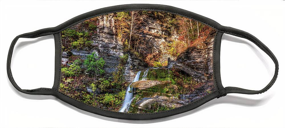 Landscape Face Mask featuring the photograph Robert H Treman State Park Autumn Waterfall by Chad Dikun
