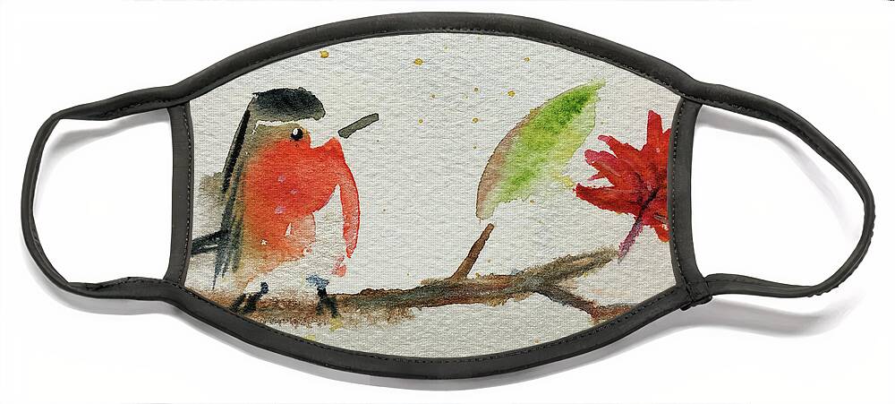 Grand Tit Face Mask featuring the painting Robin on a Maple Branch by Roxy Rich