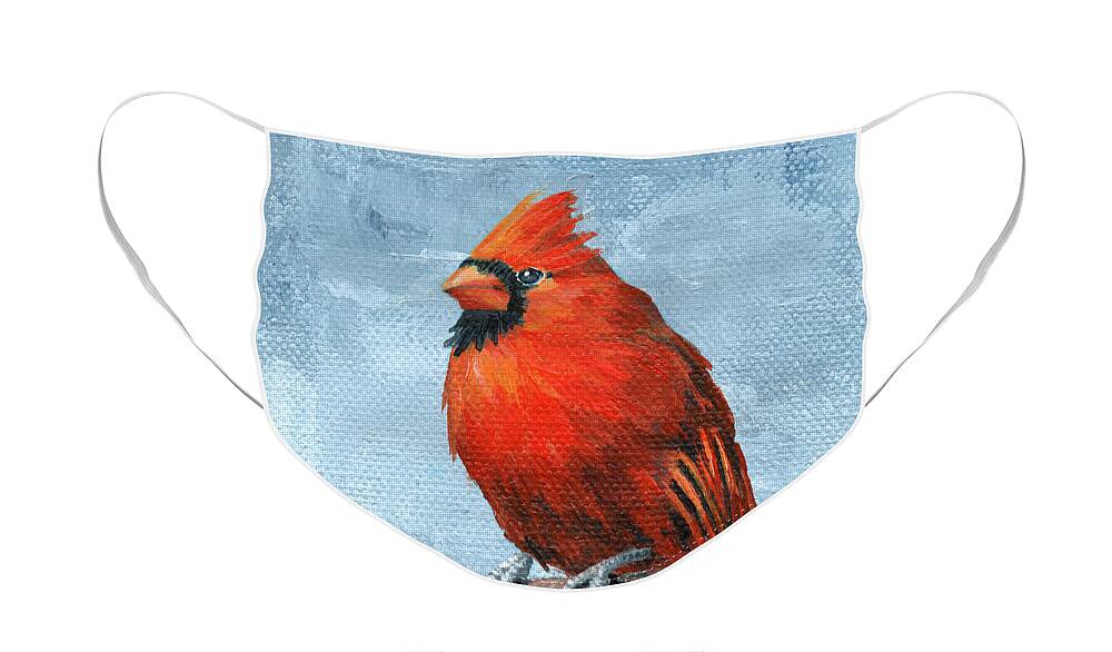 Bird Face Mask featuring the painting Rocket Red - Cardinal Painting by Annie Troe