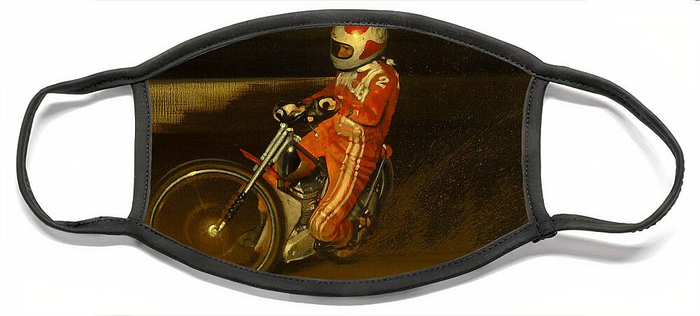 Speedway Motorcycle Rick Woods Costa Mesa Face Mask featuring the painting Rocket Rick by Kenny Youngblood