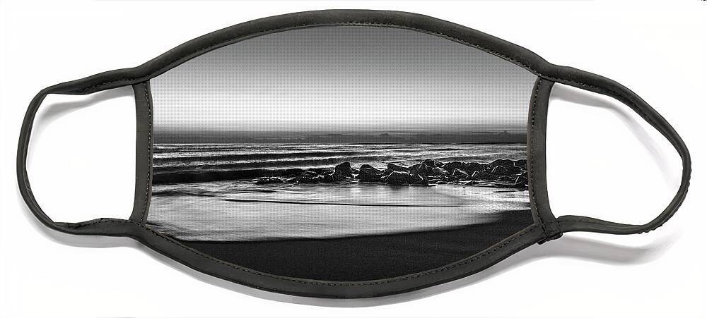 Birds Face Mask featuring the photograph Rocky Beach at Dawn Black and White by Debra and Dave Vanderlaan