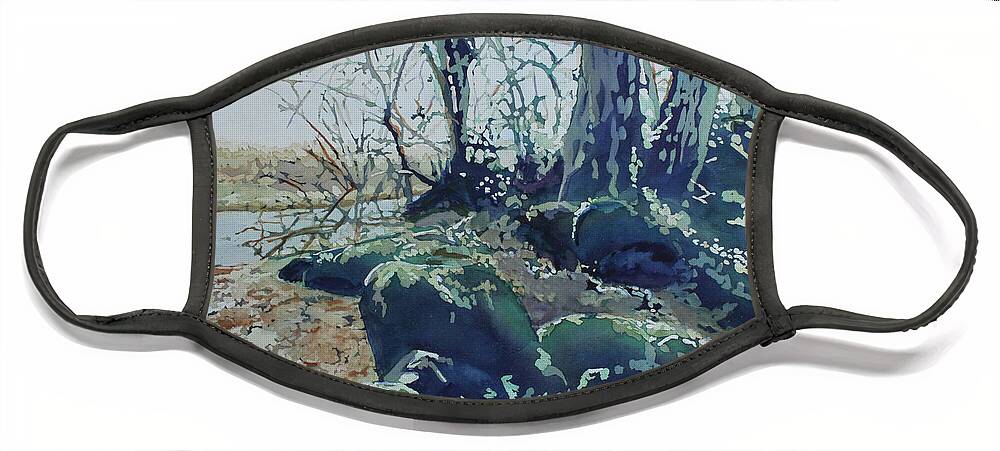Willamatte River Face Mask featuring the painting Rocky Shore by Jenny Armitage