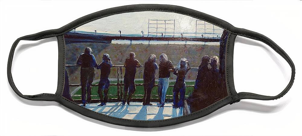 Cubs Game Baseball Rooftop Face Mask featuring the painting Rooftops at Wrigley by James Hey