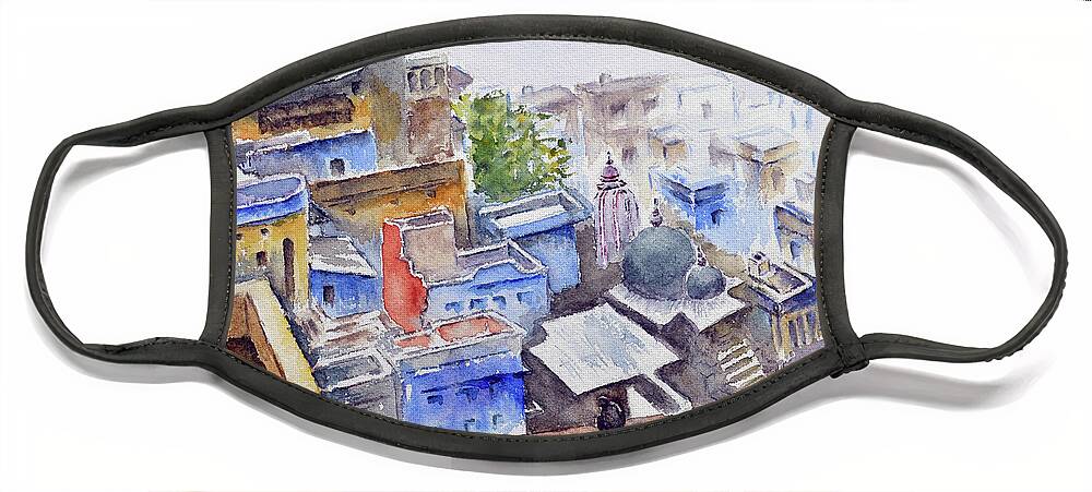  Face Mask featuring the painting Rooftops of Bundi - Bundi series 14 by Uma Krishnamoorthy