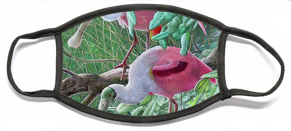 Roseate Spoonbill Face Mask featuring the painting Roseate Spoonbills by Barry Kent MacKay