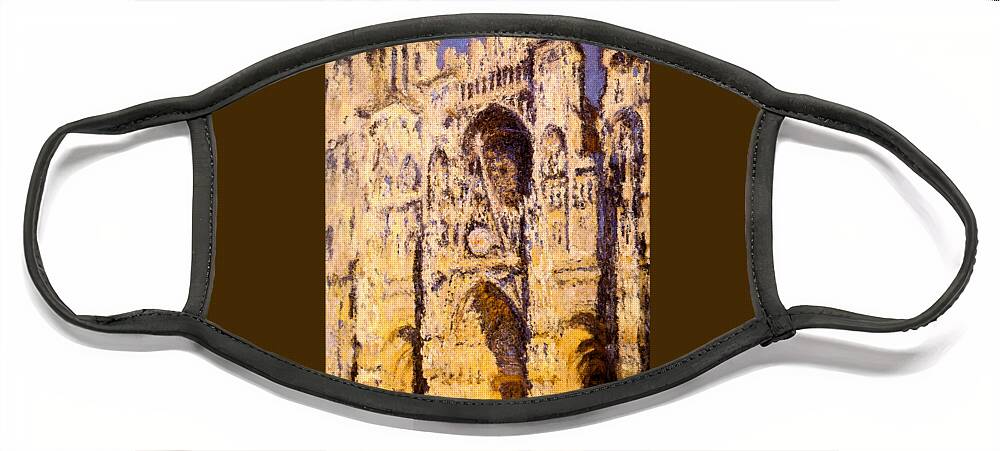 Claude Monet Face Mask featuring the painting Rouen Cathedral Portal and Tour d Albane Full Sunlight Harmony in Blue and Gold by Claude Monet