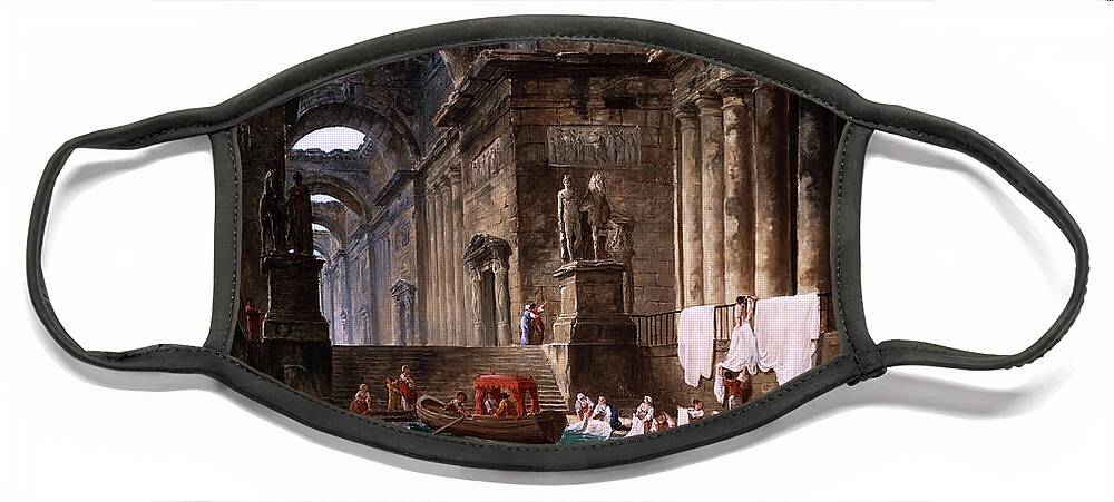 Ruins Of A Roman Bath With Washerwomen Face Mask featuring the painting Ruins Of A Roman Bath With Washerwomen by Hubert Robert Remastered Xzendor7 Reproductions by Xzendor7