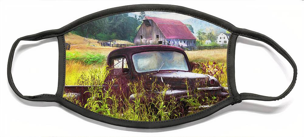 Barns Face Mask featuring the photograph Rusty Truck Deep in the Wildflowers Painting by Debra and Dave Vanderlaan