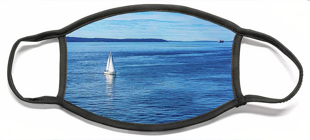 Sailboat Face Mask featuring the digital art Sailboat in Puget Sound by SnapHappy Photos
