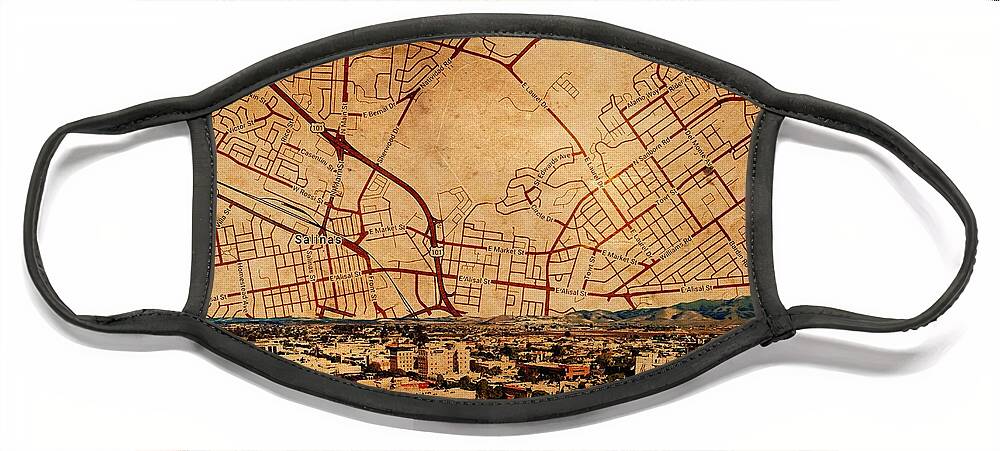 Salinas Face Mask featuring the digital art Salinas, California - panorama and map of the central part by Nicko Prints