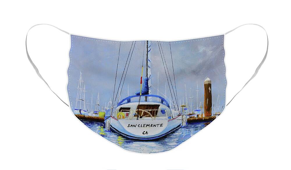 Sail Face Mask featuring the painting San Clemente Sail Boat by Mary Scott