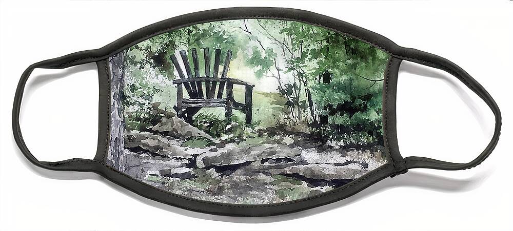 An Old Handmade Wooden Chair Sets In At The Edge Of A Wooded Clearing Face Mask featuring the painting Sanctuary by Monte Toon