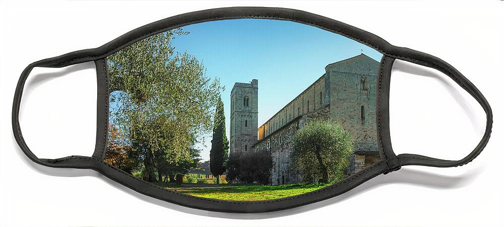 Montalcino Face Mask featuring the photograph Sant Antimo abbey and olive tree. Montalcino. Tuscany by Stefano Orazzini