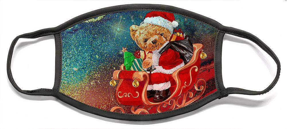 Holidays Face Mask featuring the painting Santa Bear On Sleigh by Miki De Goodaboom