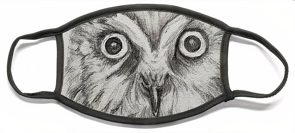 New England Face Mask featuring the drawing Saw Whet Owl by Mary Capriole