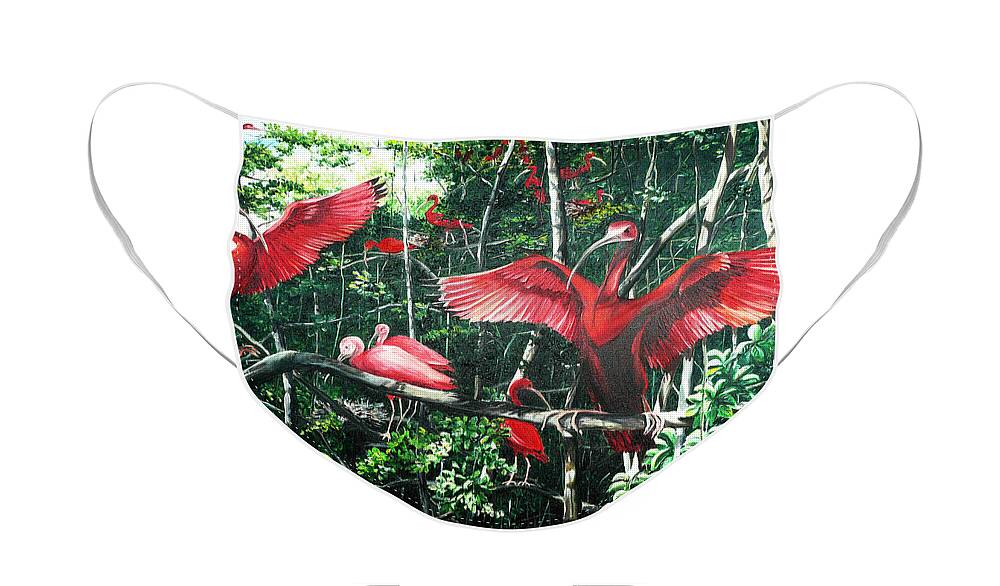  Caribbean Painting Scarlet Ibis Painting Bird Painting Coming Home To Roost Painting The Caroni Swamp In Trinidad And Tobago Greeting Card Painting Painting Tropical Painting Face Mask featuring the painting Scarlet Ibis by Karin Dawn Kelshall- Best