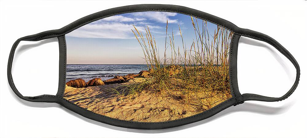 Sea Oats Face Mask featuring the photograph Sea Oats and Sand on Atlantic Beach North Carolina by Bob Decker